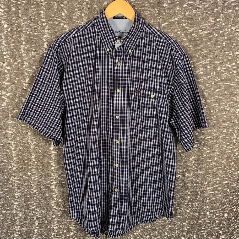 BB Classics Blue Plaid Button Down Short Sleeve Shirt Preppy Men's Medium